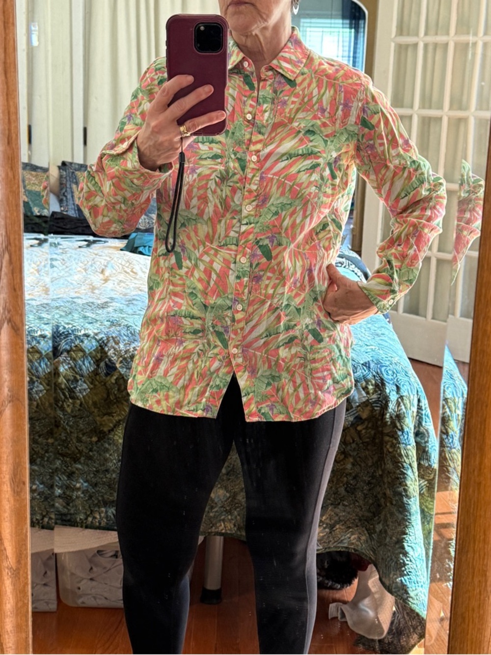 Lightweight Tropical Print Button-Up Shirt Jacket - Pink & Green